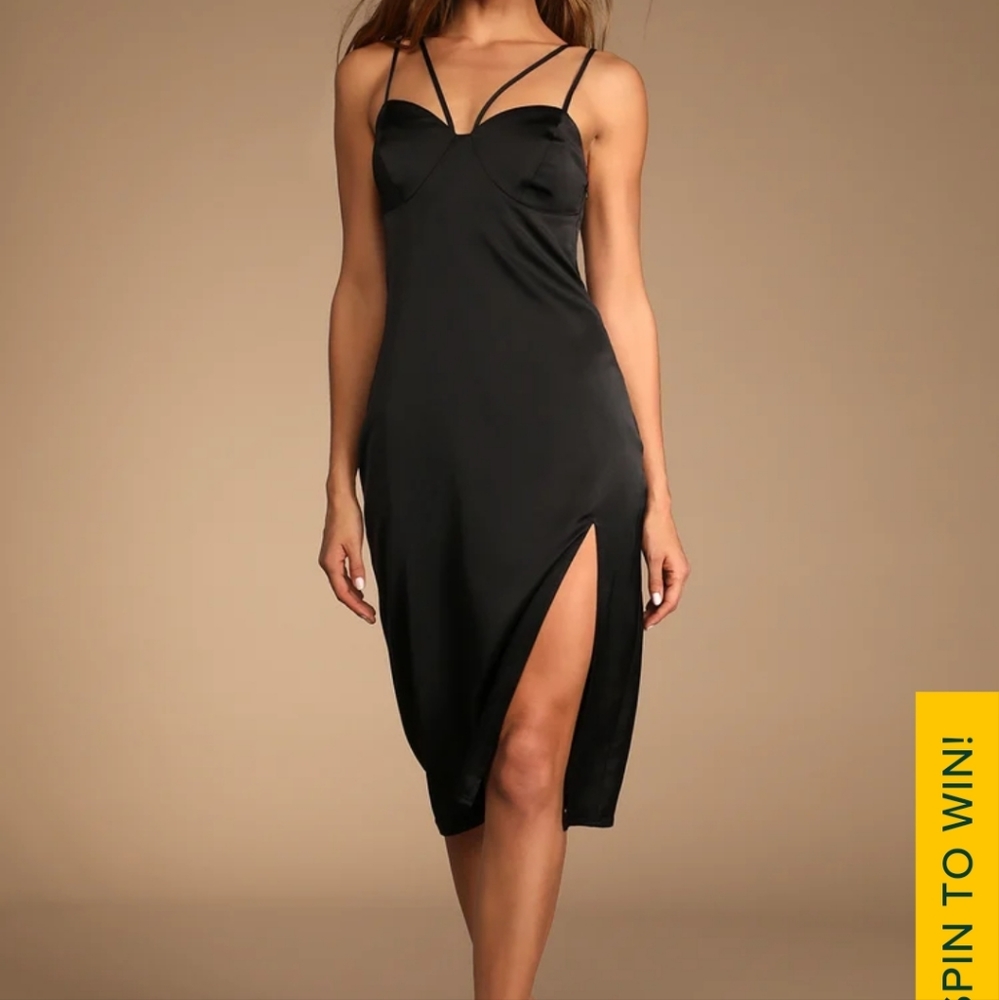 Lulu's Strappy Sexy Little Black Satin Midi Dress S